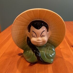 ROYAL COPLEY ASIAN GIRL BOY HEAD VASE VINTAGE GREEN BUTTER YELLOW